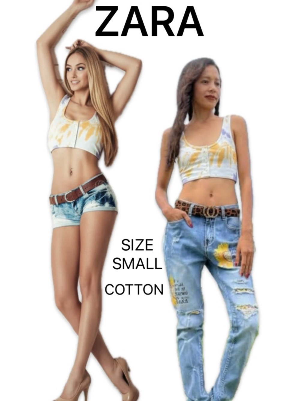 ZARA White Ribbed Crop Tank with Yellow & Lavender Tie-Dye โข Like New